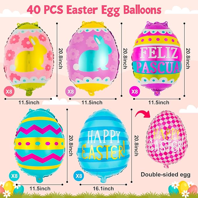 40 PCS Easter Foil Balloons Happy Easter Egg Balloon Egg Mylar