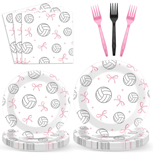96PCS Volleyball and Bow Party Paper Plates and Napkins for Sports