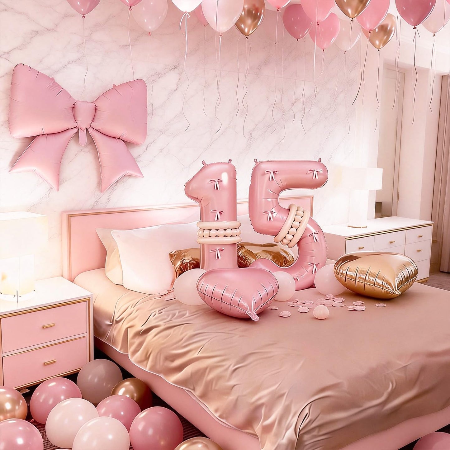 Pink Number 15 Balloon 40 Inch, Dusty Blush Pink Gold White Sand Latex