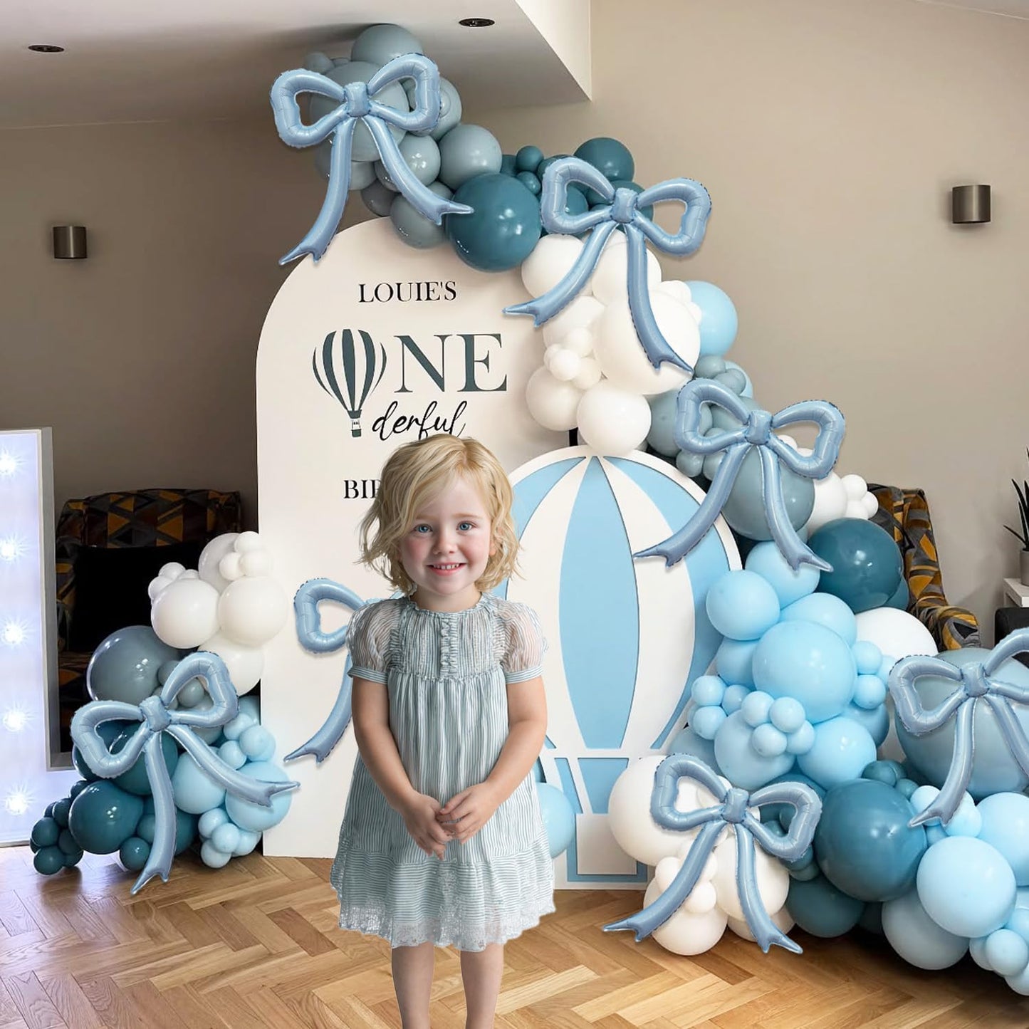 6pcs Blue Bow Foil Balloons Set Dusty Blue Bow Mylar Balloons for