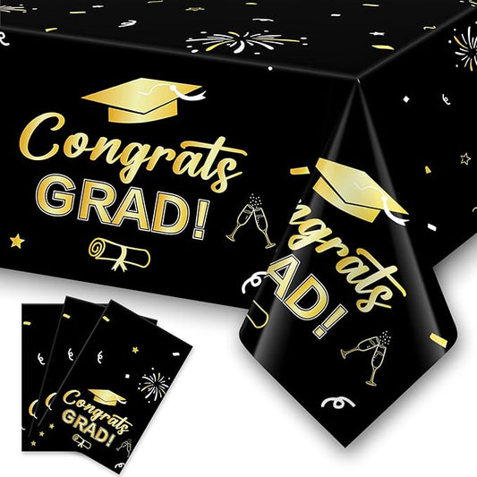 Graduation Tablecloth 3 Pack, Black and Gold Graduation