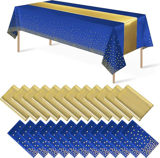 24Pack Disposable Plastic Tablecloths and Satin Table Runner Set Blue