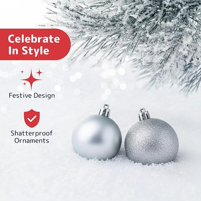 Prextex 36pc Silver Christmas Ornaments Set - Shatterproof Christmas