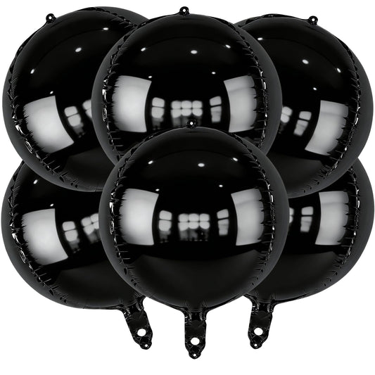 Metallic Black Round Foil Balloons, 22" Large 4D Sphere Mylar Balloons