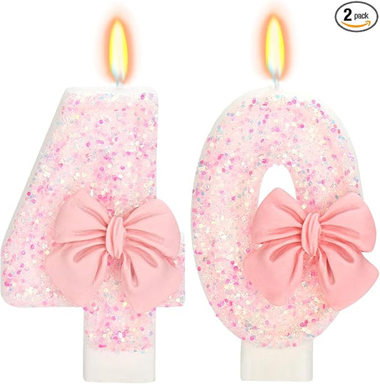 40th Birthday Number Cake Candles, Pink Bow, 2.76 inch, 2 Pack,