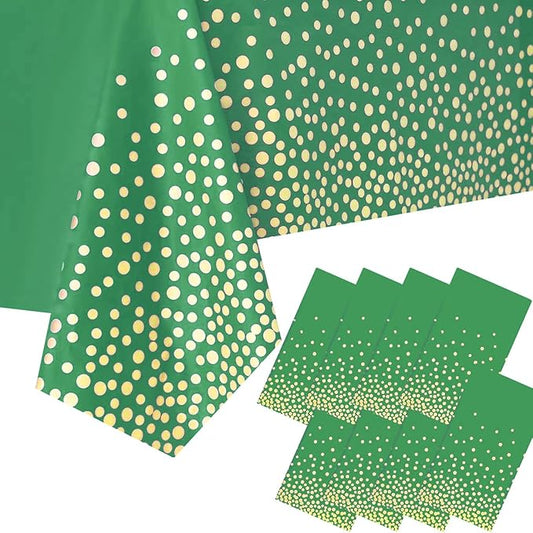8 Packaging Green and Gold Plastic Tablecloth, 54 inch x108 inch