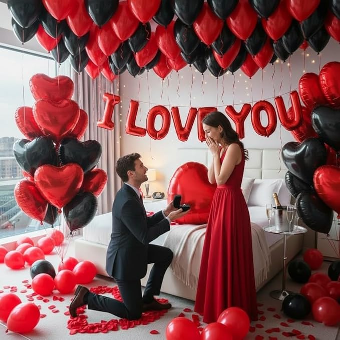 Valentine's Day Decorations Set Red Black Balloon Kit with 16 I LOVE