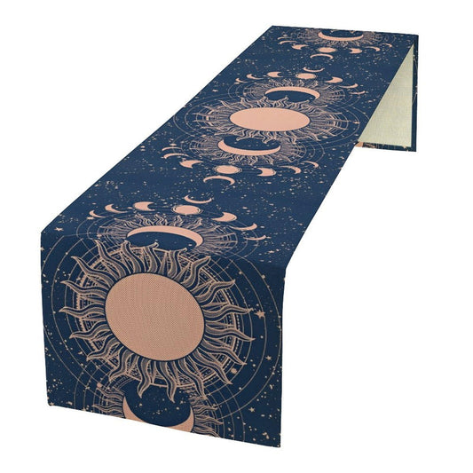 Moon Sun Table Runner, Mystical Blue Space Galaxy W13"x L60" Moon Sun