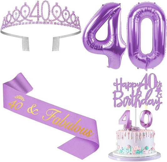 40th Birthday Decorations for Women Purple with 40th Birthday Sash