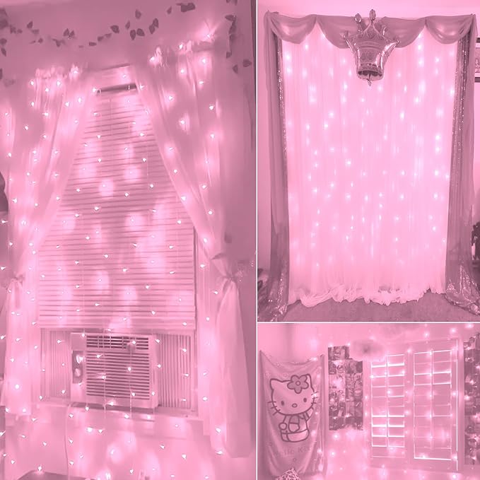 Curtain Lights, Pink Room Decor 8 Modes LED String Lights for Garden