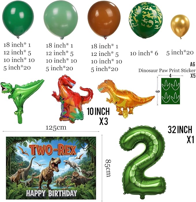 Dinosaur Two Rex Birthday Decorations include Hunter Green Brown