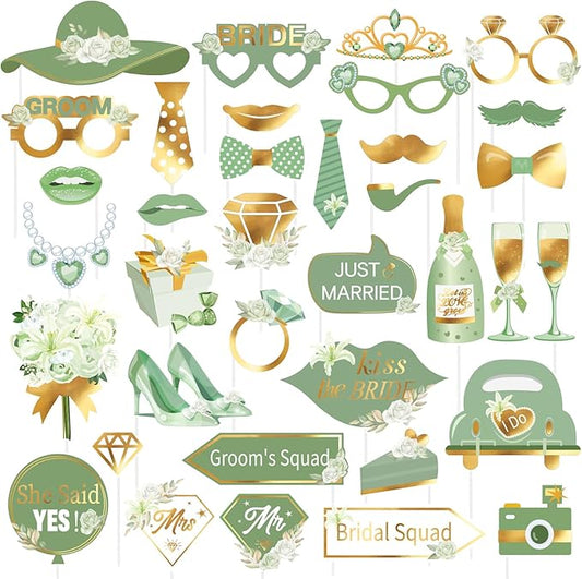 38 PCS Sage Green Wedding Photo Booth Props Bridal Shower Photo