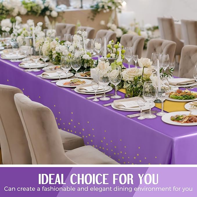 Breling 8 Pack Purple and Gold Disposable Plastic Tablecloths and