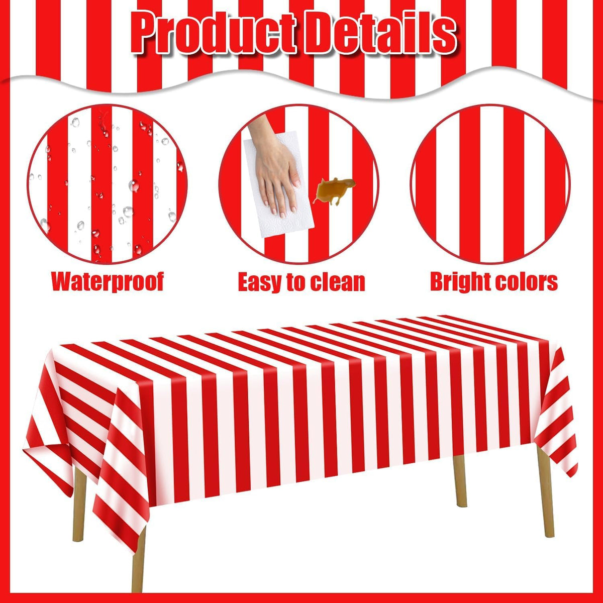 PIXHOTUL Carnival Tablecloth Roll 100 Ft Red and White Striped
