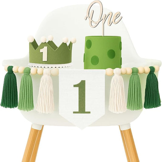 Wild One High Chair Banner Green Baby 1st Birthday Outfit Boy