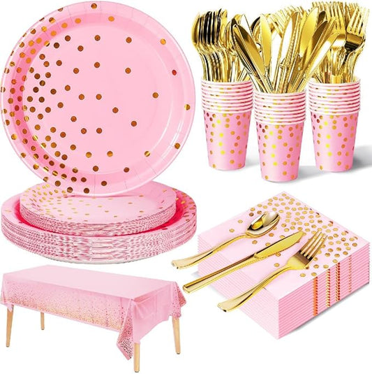Nkaiso 141 Pieces Pink and Gold Party Supplies, Disposable Party