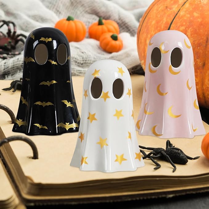 Halloween Decor Indoor Set of 3 Ceramic Ghosts with Witch Hats Cute