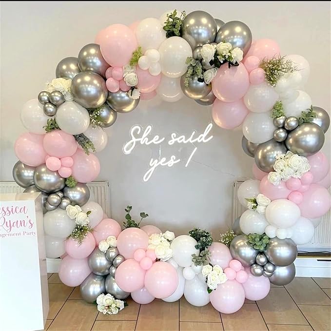 Pink and Silver Balloon Arch Kit, Pastel Pink and White Metallic