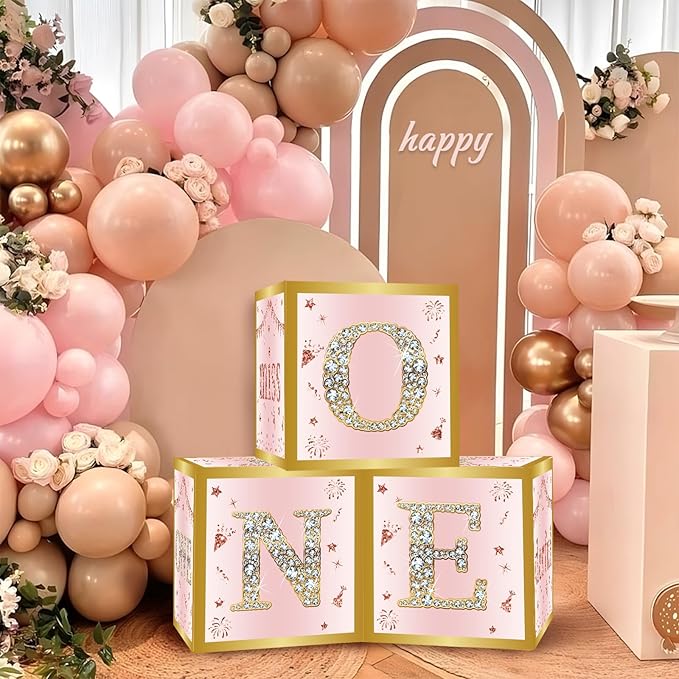 DataMoon 1st Birthday Decorations Boxes for Baby Girl - 3PCS Pink
