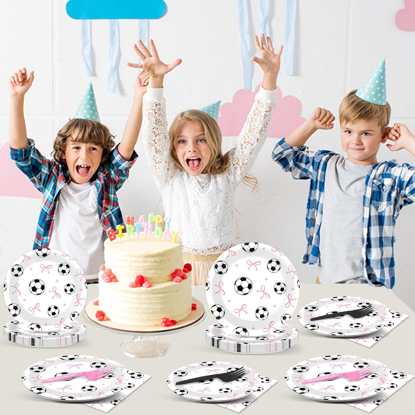 96PCS Soccer and Bow Party Paper Plates and Napkins for Sports Themed