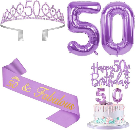 50th Birthday Decorations for Women Purple with 50th Birthday Sash
