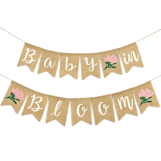 Whaline Baby in Bloom Burlap Banner with Pink Flower Rustic Bunting