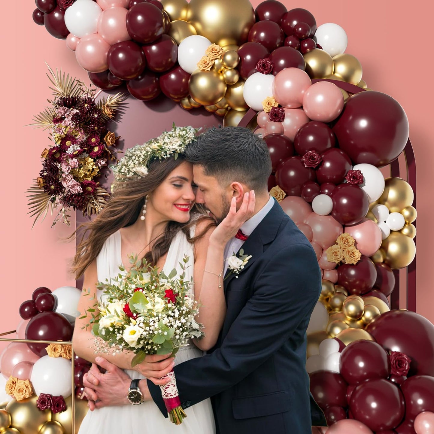 142pcs Burgundy Balloon Arch Garland Kit with Metallic Rose Gold