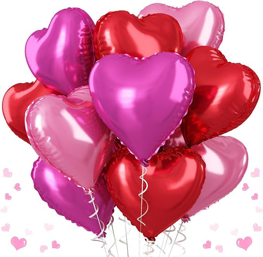 Hot Pink Foil Heart Balloons, 12 Pcs 18 Inch Mylar Heart Shaped Pink