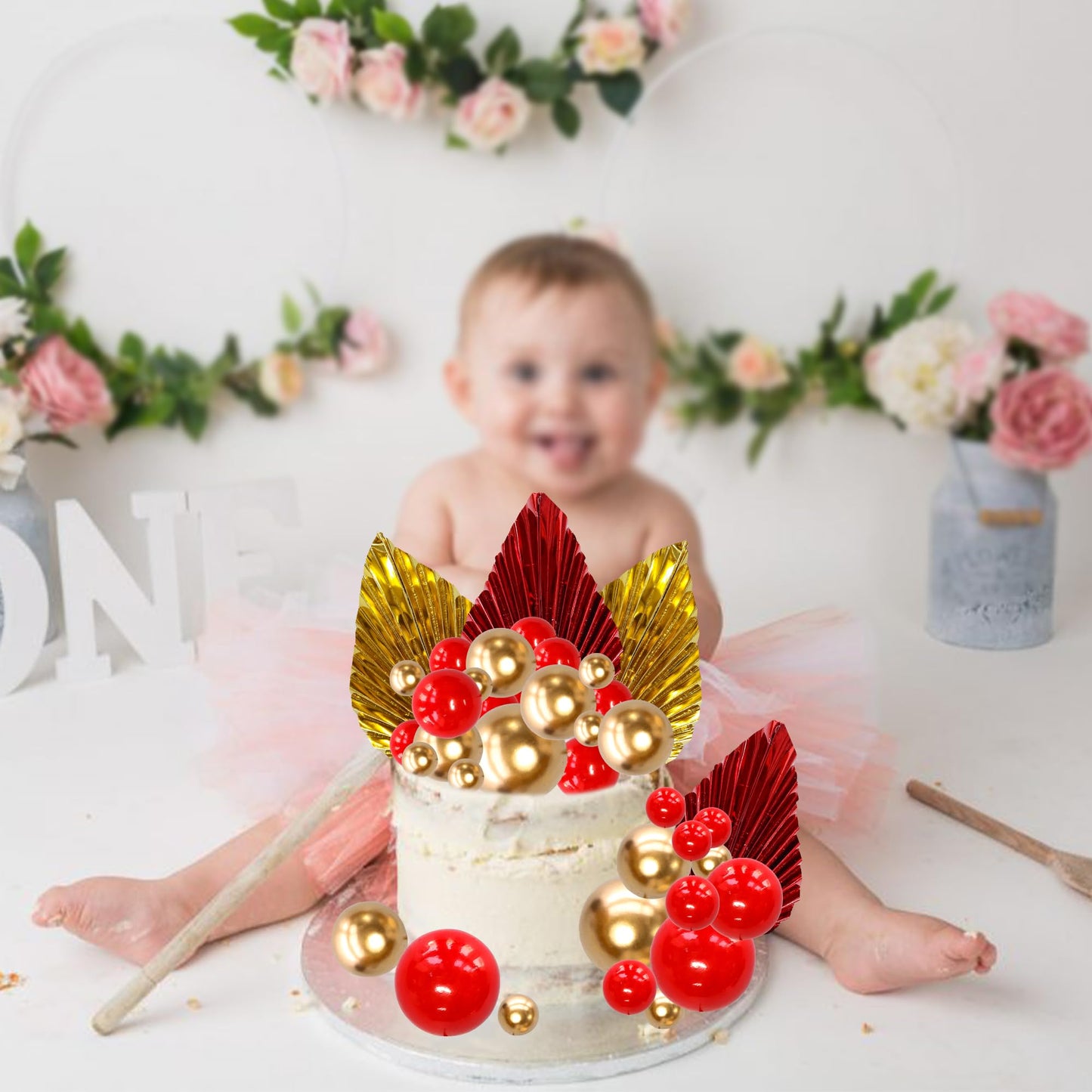 Ephlyn 28Pcs Paper Palm Fan Cake Topper Balls Cake Pick for Baby