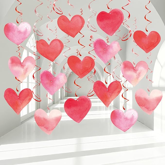 Red Pink Heart Hanging Swirl Decorations, Foil Ceiling Hanging Whirls