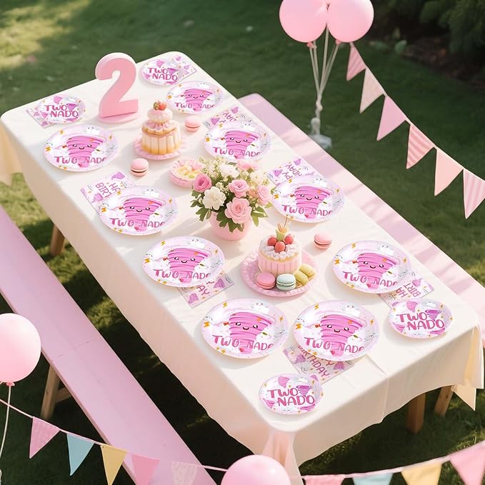96Pcs Two Nado Party Supplies Pink Tornado 2nd Birthday Plates