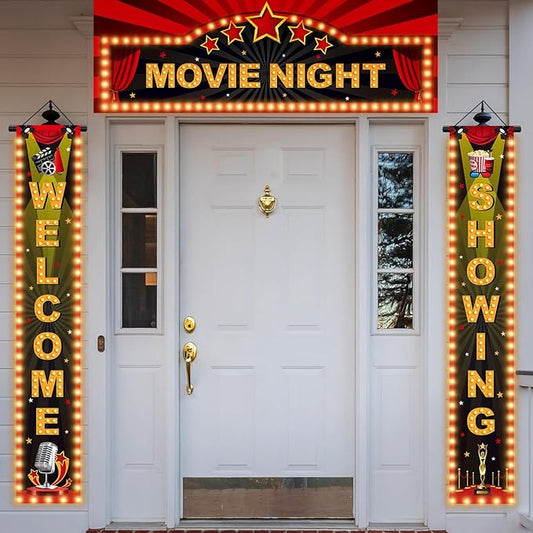 3 Pieces Light Movie Night Porch Sign Banner LED Movie Theme Party