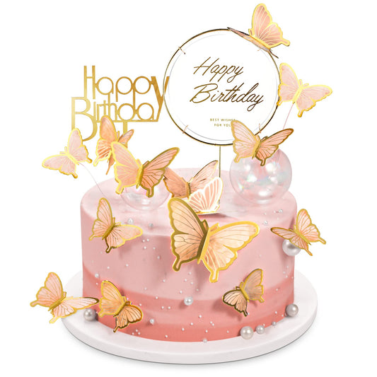 LANGPA 22-Pieces Butterfly Cake Decorations With Happy Birthday Orange