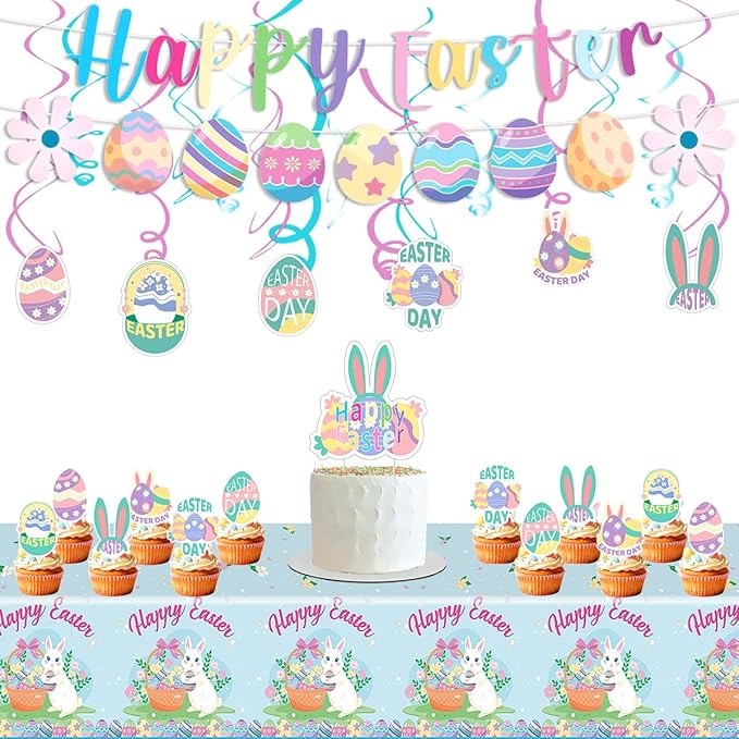 Easter Party Decorations Set with Happy Banner Rabbit Big Tablecloth