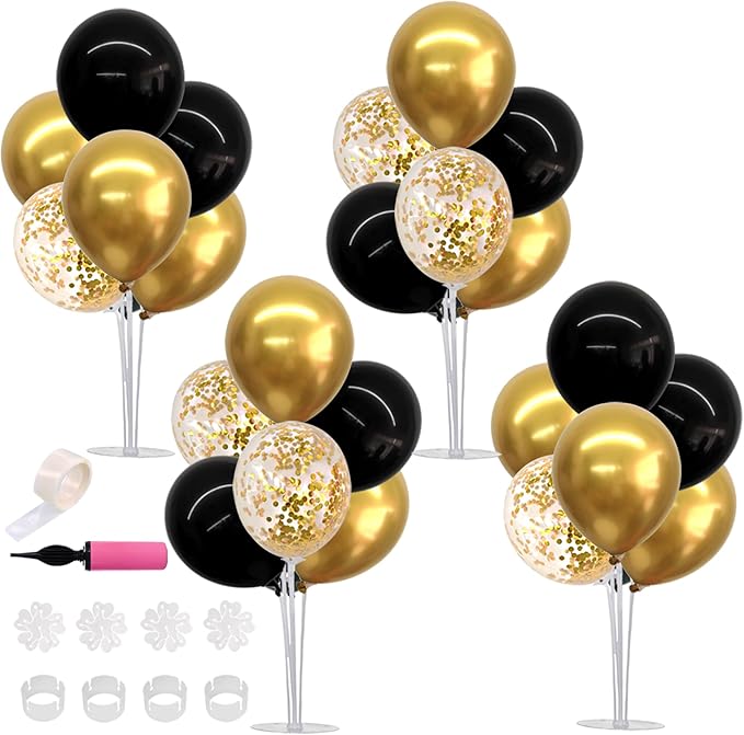 4 Set Black Gold Balloon Centerpieces for Table Balloon Stand Kit