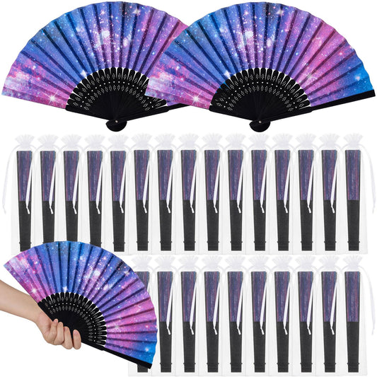 Memorywuu 25 Pcs Galaxy Folding Hand Fan Bulk with Organza Bags Space