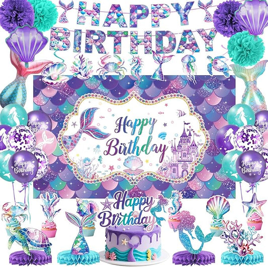 Mermaid Birthday Decorations Includes Banner Backdrop Foil & Latex