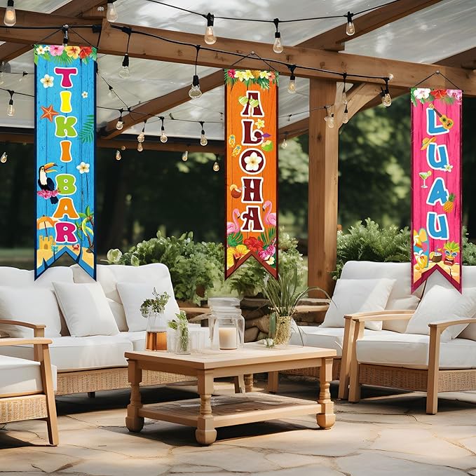 3 Pcs Hawaiian Banners Aloha Luau Porch Sign Tiki Bar Hanging Flag