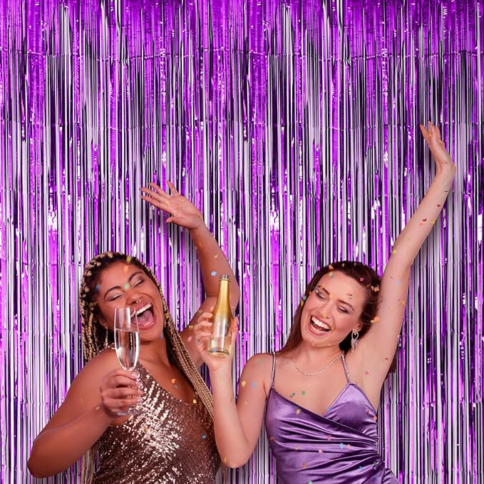 Voircoloria 2 Pack Purple Foil Fringe Backdrop Curtains, Tinsel
