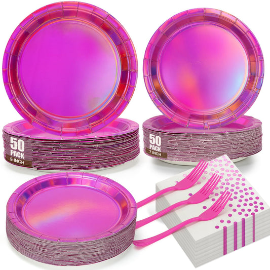 Iridescent Pink Paper Plates and Napkins, 200pcs Holographic Party