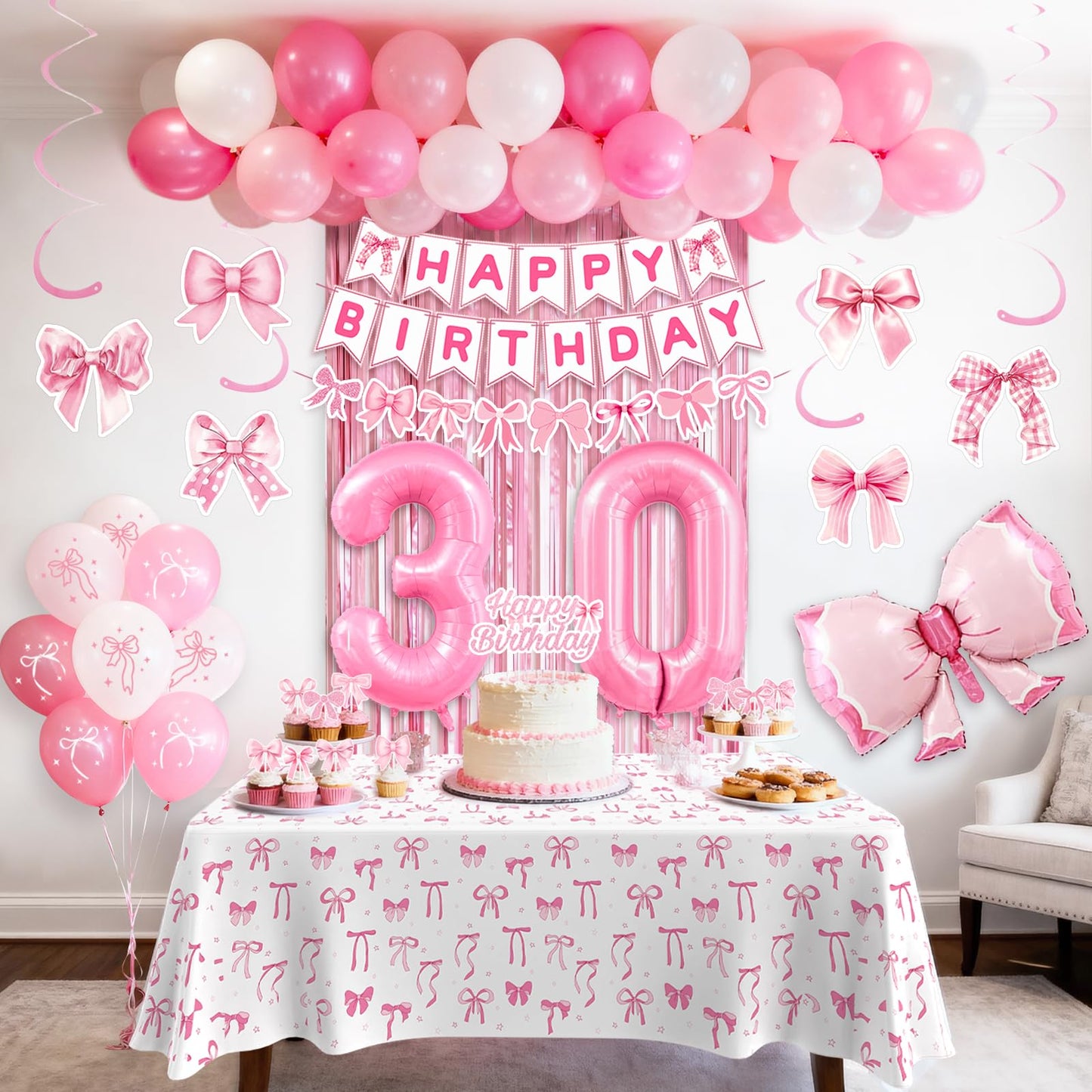 30th Pink Birthday Decorations for Women, Pink Bow Coquette Birthday