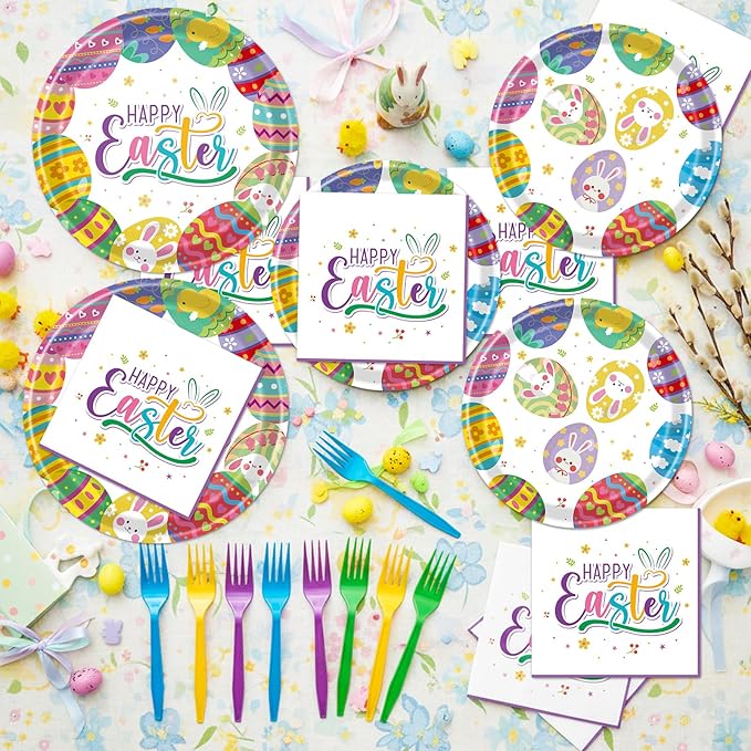Easter Plates and Napkins Sets 96PCS Happy Easter Bunny Disposable
