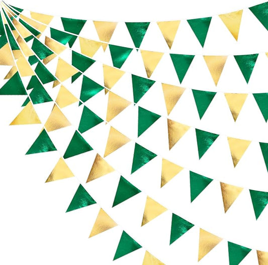 Green Gold Party Decorations Metallic Fabric Triangle Pennant Banner