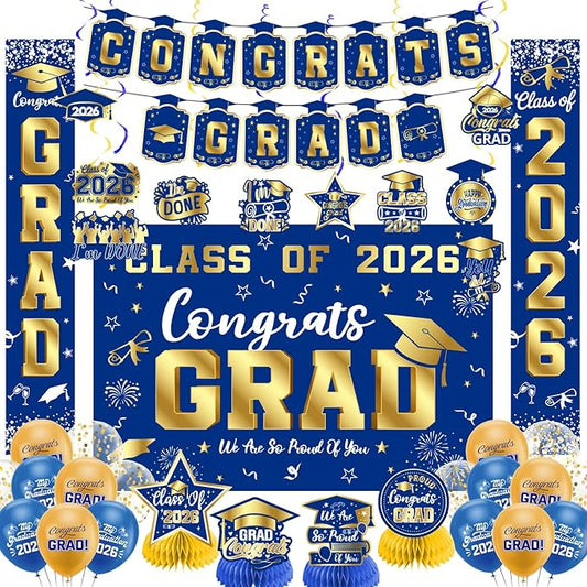 Graduation Decorations 2026 Blue and Gold Set, Congrats Grad Decor