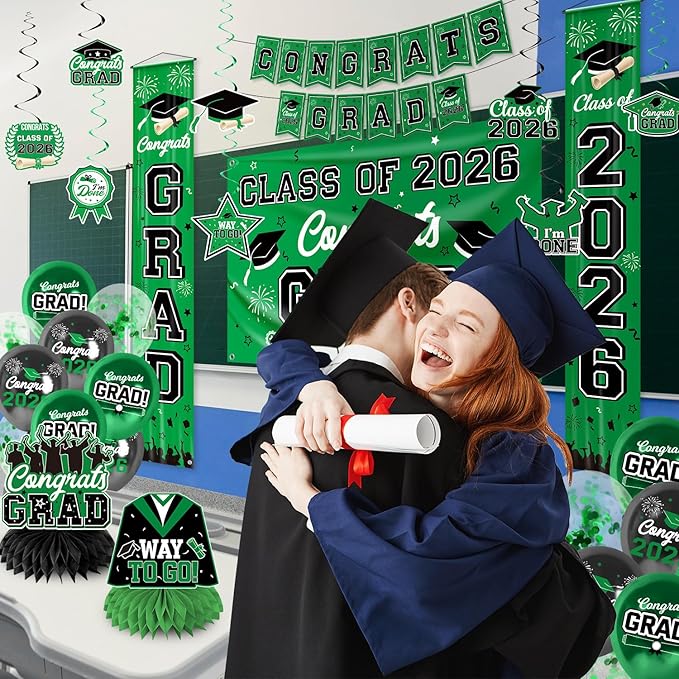 Graduation Decorations 2026 Green Graduation Party Decor Set include