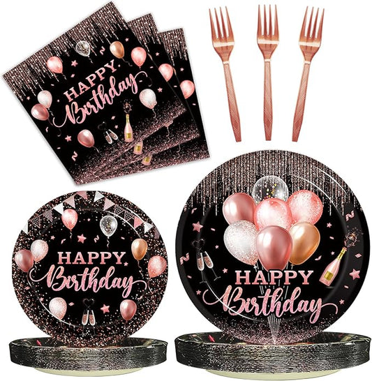 96 Pcs Rose Gold Birthday Plates and Napkins Party Supplies for