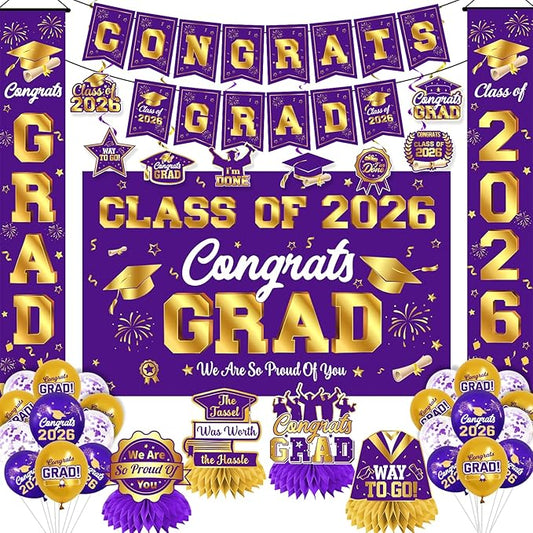 Graduation Decorations 2026 Purple and Gold Graduation Party Decor