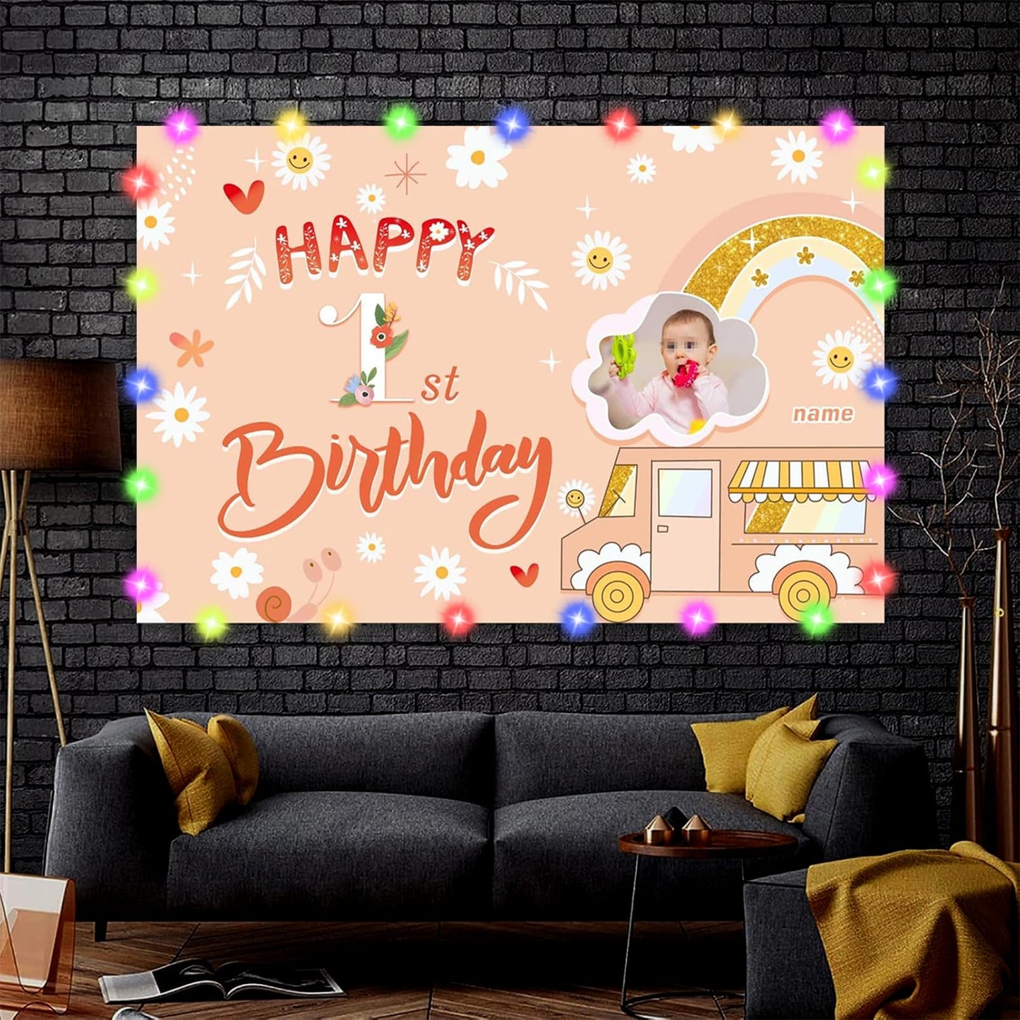 Dicodes Custom Groovy Hippie Happy Birthday Backdrop Retro Boho Girls