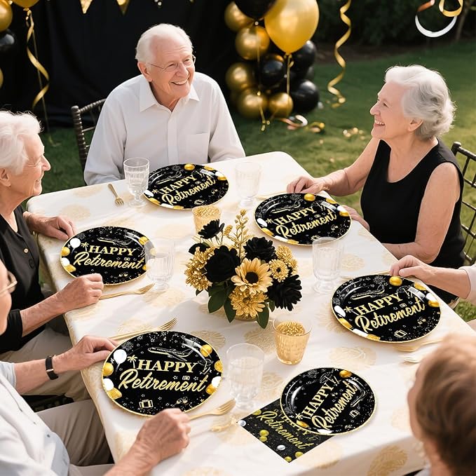 96Pcs Happy Retirement Party Supplies Black Gold Plates and Napkins