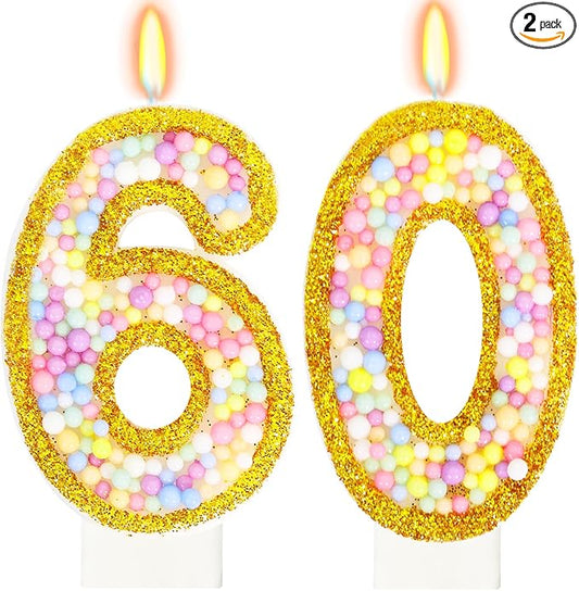60th Birthday Candle for Women/Men, Golden Macaron Numeral Candles,